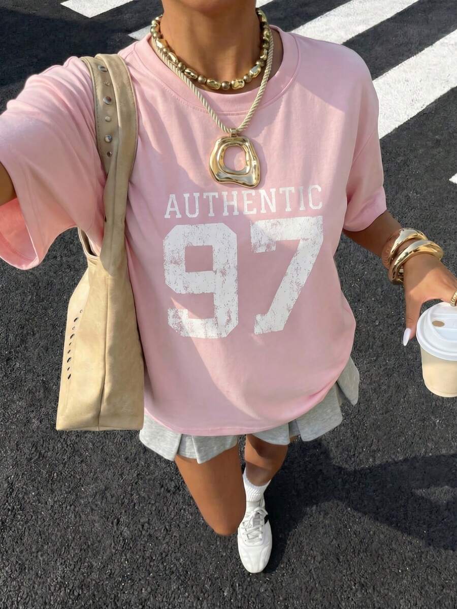 Women's Retro Casual Pink 97 Graphic Print Round Neck Short Sleeve T-Shirt - Pink - View 1