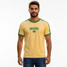 Men's Retro Brazil T-Shirt With Embroidered Design, Combed Cotton. - 黃色 - 查看 9