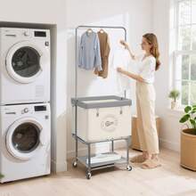 Heavy Duty Rolling Laundry Cart With Hanging Bar And Shelf - 110L Large Clothes Hamper With Wheels, Beige - A - View 6