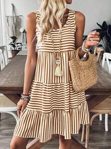 Vestido casual de mujer a rayas para vacaciones, de estilo minimalista y apropiado para el verano - Cafetería - Ver 1