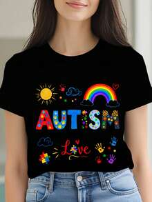 Camiseta moderna y linda para promover la aceptación y comprensión del autismo. Camiseta de mujer con estampado de dibujos animados, holgada, de manga corta, cuello redondo, elegante, unisex, de corte suelto, adecuada para salir, con estampado de estilo vintage. Cuello redondo, manga corta, lavable a máquina. Perfecta para Pascua y el Día de la Madre. - Negro - Ver 8