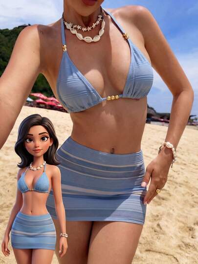 Ensemble de bikini à bretelles fines décontracté pour femmes en bleu clair - Maillot de bain 3 pièces en tissu à haute élasticité et jupe rayée. Convient pour l'été, la plage, les vacances et les jours fériés, matériau confortable et durable à haute élasticité. Ce maillot de bain de plage élégant est parfait pour les tenues de vacances d'été des femmes, les voyages à la plage, les vacances, les fêtes et les activités au bord de , un choix de mode idéal pour les journées de plage et de piscine.