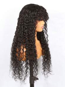 180%密度无胶水波纹真人发卷发假发，带刘海，采用未经加工的巴西原生发，全机织无蕾丝前额假发，女士款 - Natural Black - 查看 3