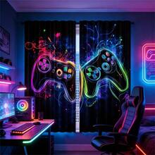 2pcs Neon Game Controller Printed Curtain Set, 2D Flat Print, Translucent, Cool Game-Themed Room Curtains, Suitable For Boys' Bedrooms And Game Spaces. - Multicolor - View 6