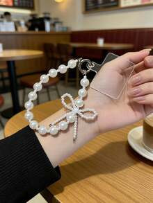 Luxury Pearl Phone Case Lanyard, Unique Bowknot Bracelet Wristband, Elegant Women Phone Case & Earphone Case Accessories Chain - Pearl Bow Hanging Cord - View 2