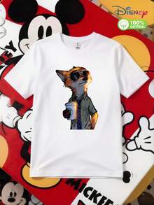 Men's 100% Cotton Disney Zootopia Nick Wilde Graphic T - Shirt, Classic Cartoon Character Print Short Sleeve Crewneck Casual Tee, Unisex Style For Adults, Teens & Young Men, Ideal For Daily Wear, Streetwear, Outdoor Activities, Casual Outings, Theme Parks (Disneyland), Friendship Gifts, Lightweight Breathable Comfort - Fit Top With Soft Pure Cotton Fabric, Fun & Playful Design For Disney Fans, Anime Lovers, Perfect Gift For Him - White Color - 白色 - 查看 2