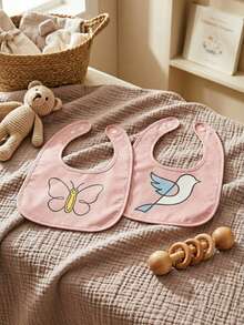 2pcs/Set Cute Baby Waterproof Soft Feeding Bibs Set, Butterfly & Bird Pattern, Adjustable Snap Closure - Butterfly & Bird - View 6