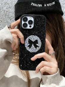 1pc Solid Color Luxury Fully Rhinestone Embedded Shiny Bling Phone Case, Compatible With Apple 17 Pro Max, 16, 15 Pro, 14, 13, 12, 11 Series - Black - View 3