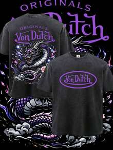 Mens Clothes;Summer TopsMen Black Washed Vintage Streetwear Brand 100 Percent Cotton T Shirt Purple Dragon And Vons Dutchs Text Graphic Print Casual Fit For Daily Wear Party |   Front And Back Print |   Retro Heavyweight Tee |   Perfect Gift |   Loose Comfortable Breathable |   Machine Washable Fabric |   Hip Hop Cool Style |   Drippy Clothes |   Y2Ksummer Outfits N36K - 黑色 9 - 查看 9
