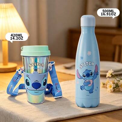 Miniso Disney Stitch Cola Style Insulated Cup 500mL/16.91oz & Plastic Cup With Carry Lanyard 420mL/14.2oz,Durable & Shatter-Resistant, Easy To Carry For Outdoor, Sports & Daily Life, Perfect Lovely Gift(1 PC)