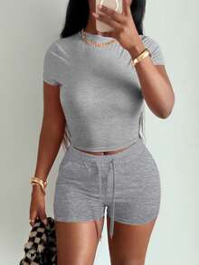 LovelyWholesale Women's Casual Solid Color Round Neck Short Sleeve T-Shirt And Drawstring Shorts Set, Summer Elegant - Grey - View 4