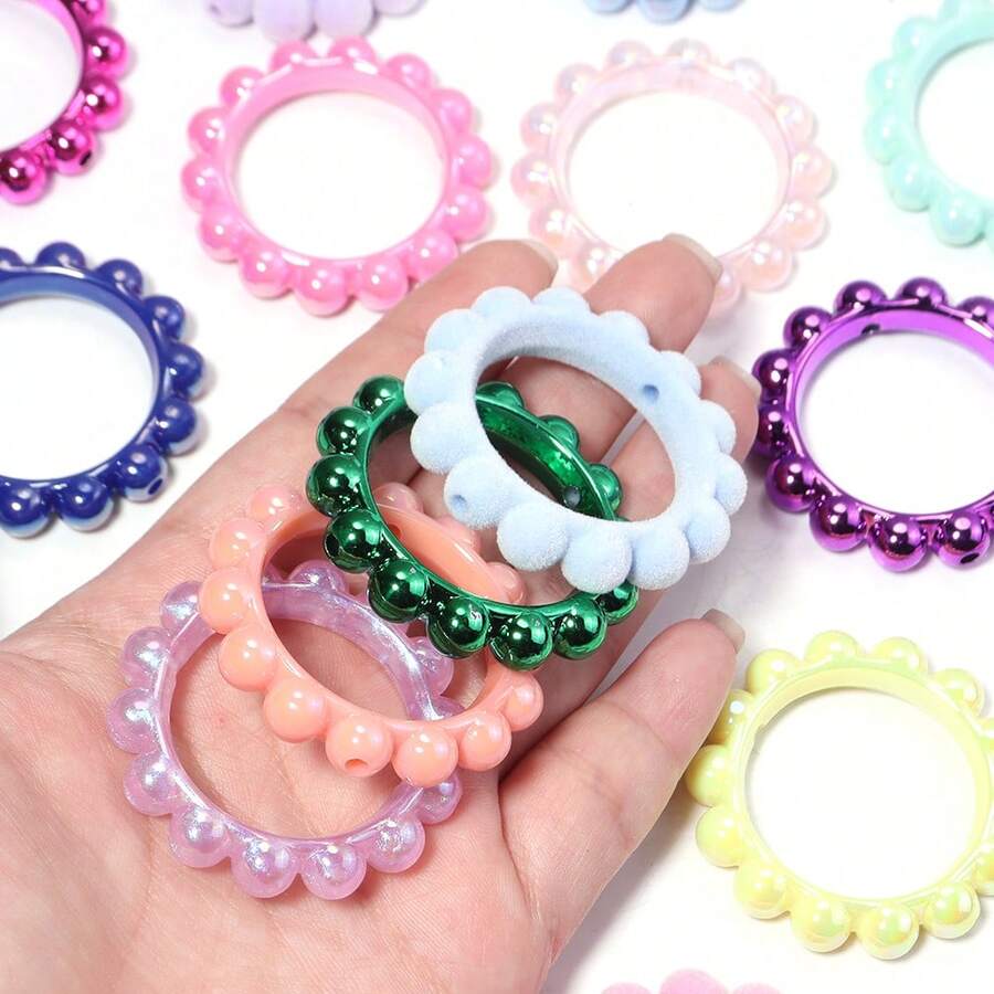 5个/包 亚克力圆形花环混色竖孔珠 42mm，彩色镂空花边珠，DIY钥匙扣汽车挂件手机饰品工艺材料