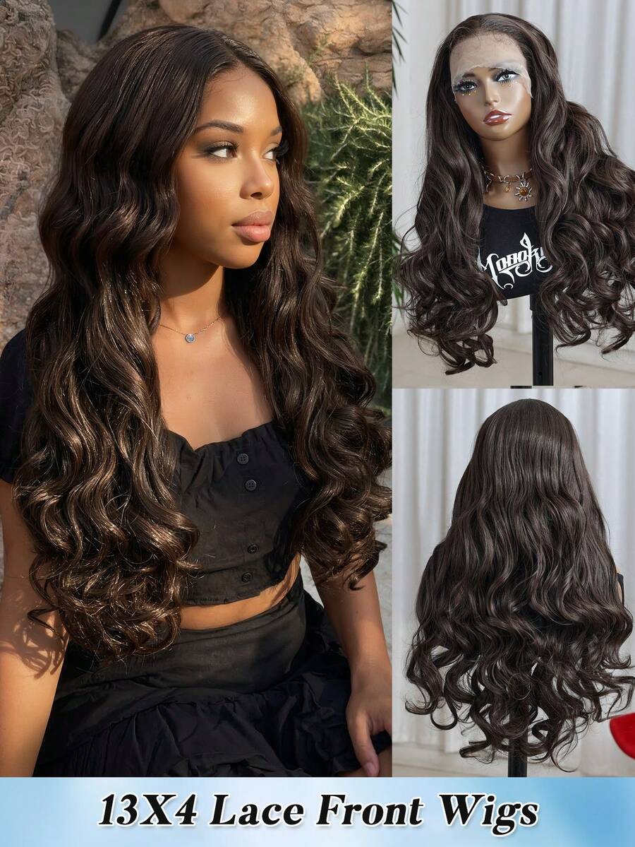 Peruca castanha encaracolada de 56 cm (22 polegadas) com faixa de cabelo, peruca frontal de renda 13x4 com baby hair, feita de seda japonesa importada, macia e confortável, resistente ao calor, adequada para uso diário, festas, cosplay e outras ocasiões.