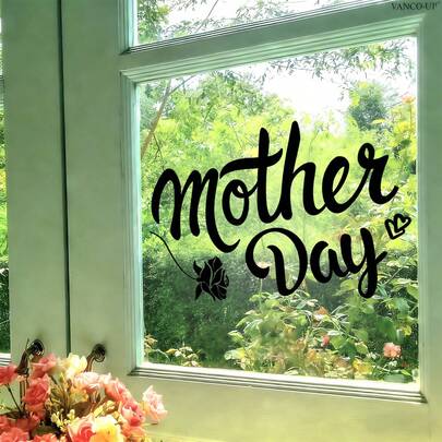 CHAILLY Mother's Day Window Sticker, Handwritten "Mother Day" Quote With Rose Design, Waterproof Removable Static Cling For Mother's Day Party Home Decoration