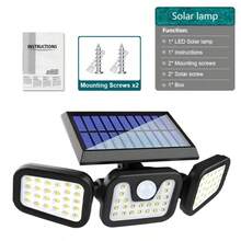 300LM Luz de pared solar LED, 3 cabezales de iluminación exterior, alimentada por energía solar con sensor de movimiento, material de ABS y PC, adecuada para jardín, patio, garaje, decoración de Halloween y Navidad - Luces con sensor solar - Ver 12