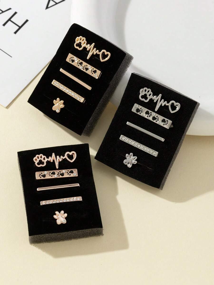 2026 New 5pcs/Set Dog Paw Watch Band Decor, Shiny Rhinestone Inlaid Metal Heartbeat Paw Print Decoration, Smart Watch Band Accessories DIY Jewelry, 3 Colors Gold/Silver/Rose Gold - As Shown - View 1