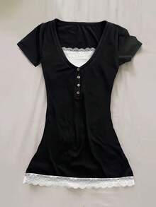 American Retro Patchwork Lace Faux Two-Piece Short-Sleeve T-Shirt, Subculture Y2K Millennium Hot Girl V-Neck Vintage Top, New Slim-Fit Versatile Slimming Niche Top, Suitable For Going Out, Commuting, And Music Festivals - 黑色 - 查看 6