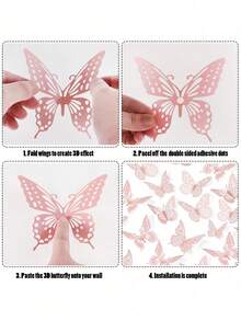 12pcs/6pcs/- 2025 Holiday Decorations - 3D Butterfly Wall Decor, 4 Styles 3 Sizes, Gold Butterfly Decor, Butterfly Birthday Decor, Butterfly Party Decor, Cake Decor Removable Stickers (Gold Random) - Pink - View 6