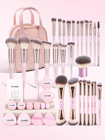 MAANGE 18/41/7pcs Professional Facial Makeup Tools Set, Including With 27pcs Professional Makeup Brush Set+1pc Makeup Bag+1pc Four Sided Storage Bucket+12pcs Soft Puff Set, Makeup Brush Contains Foundation Brush, Blush Brush, Loose Powder Brush, Eyeshadow Brush, Highlighting Brush, Nose Shadow Brush, Contour Brush, Eyebrow Brush, Lip Brush, Eyelash Brush, Protable Cosmetic Brush Set Makeup Tools, Travel Makeup Brush Set, Gift For Women & Girl ﻿