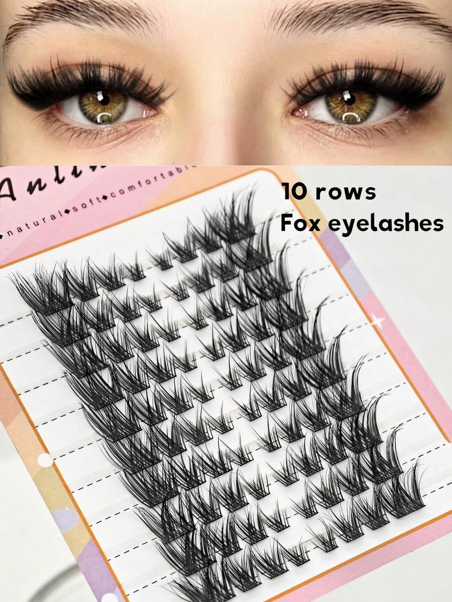 10排80片狐狸假睫毛，C型卷翘，3D自然效果，易于佩戴，可重复使用，瞬间增大，分段式设计，持久耐用，睫毛嫁接，适合派对，睫毛簇，单根睫毛簇，假睫毛，假睫毛。