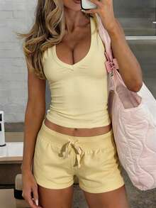 GAOVOT Bộ đồ nữ gồm áo tank top và quần short màu trơn, kiểu dáng thường ngày, thích hợp cho mùa xuân/hè. - Màu vàng - Xem 3