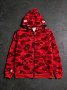 Classic Camouflage Shark Head Autumn And Winter Hooded Sweater Men's And Women's Cardigan Zipper Jacket - 紅色 - 查看 3