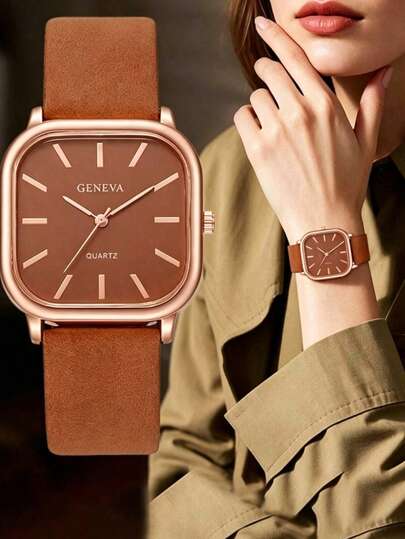 这款复古风格女士腕表采用方形表盘设计，搭配玫瑰金表壳和棕色皮表带。简约的刻度体现了复古优雅的简约美学。