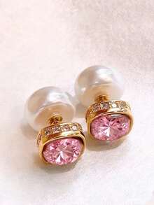 1 par de pendientes de perlas de imitación con diamantes de imitación, con diseño delantero y trasero, elegantes y versátiles para mujer - Blanco - Ver 12