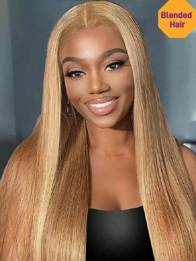 Glueless 7x5 Pre Cut Lace Closure Wigs For Women 180% Density Short Straight Bob Hair Heat Resistant Synthetic Mixed Human Blended Hair Wig Pre-Plucked HD Transparent Lace Front 27# Honey Blonde Color Easy Wear