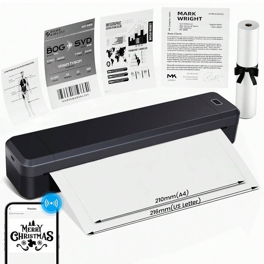 Marklife X8 Thermal Label Printer, Mini Portable Inkless Wireless Printer, Bluetooth Self-Adhesive Label Printer, Compatible With IOS And Android, Supports 210~216mm Thermal Paper/Tattoo Paper, Suitable For School, Office, Small Business A4 Printing/Document Printing - Multicolor - View 1