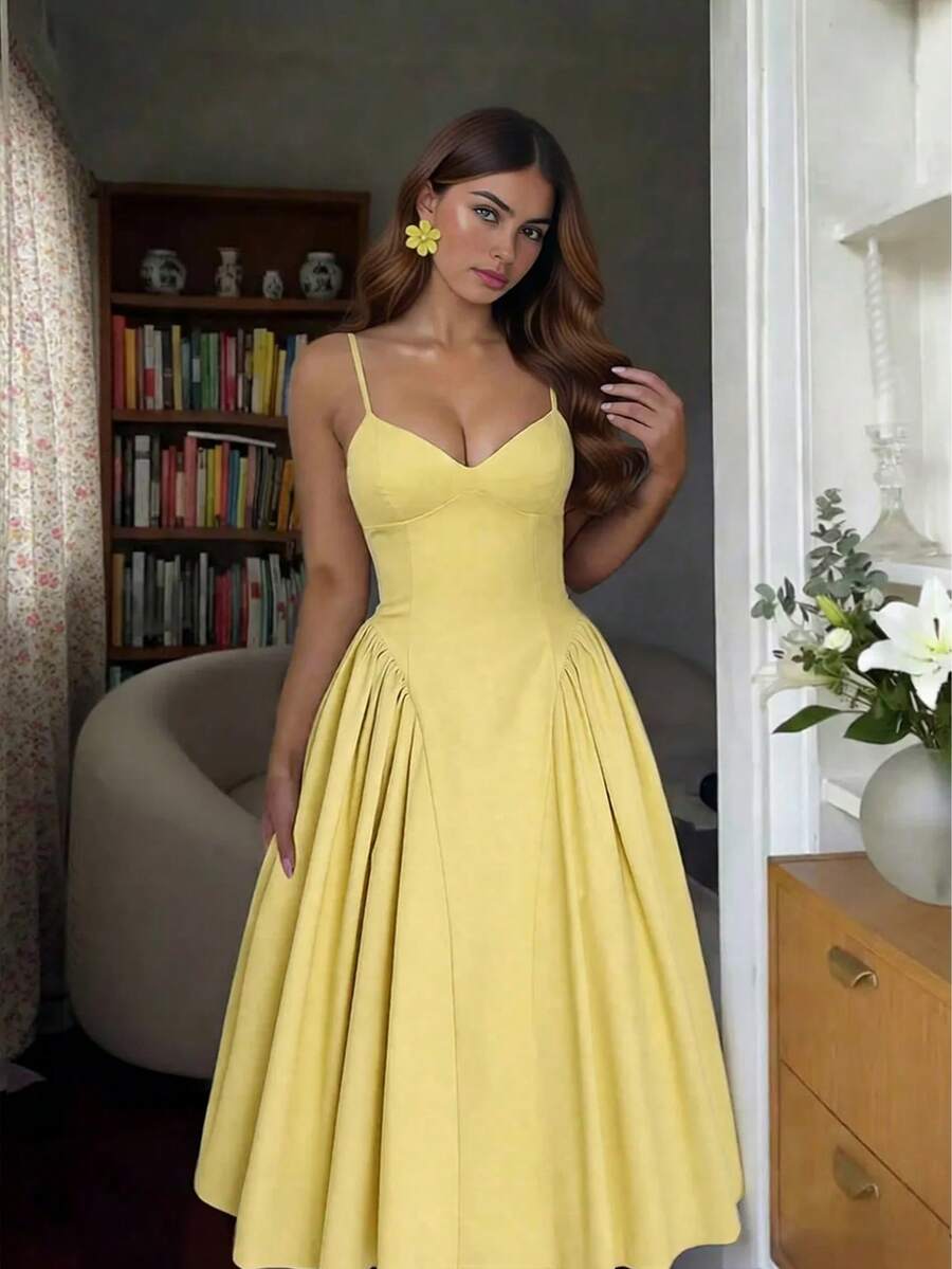 Women's Solid Color Side Splice Ruched Bust Sexy Elegant Elegant Fashion Vacation Wedding Party Spaghetti Strap Plus Size Dress Summer - Yellow - View 1