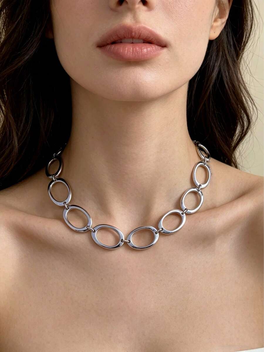 1pc Fashionable Zinc Alloy Asymmetrical Linked Ring Silver Asymmetric Chunky Necklace, Suitable For Women's Daily Wear (Avoid Prolonged Exposure To High Temperature, Seawater, Etc.) - Silver - View 1
