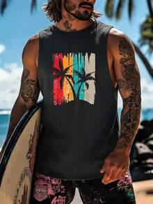 Tank Top Leher Bulat Gaya Liburan Kasual Pria Pesisir dengan Motif Elemen Pantai, Cocok untuk Pakaian Musim Panas, Nyaman & Bernapas, Tren Fesyen Terdepan - Dark Grey - View 3