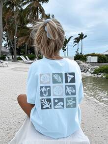 1pc Ocean Theme Print Short Sleeve T-Shirt For Teenage Girls, Soft & Comfortable, Suitable For Student Wear In Summer, Fashionable - Baby Blue - View 1