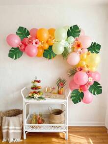 107pcs Tropical Hawaiian Beach Party Arch Balloon Set, Includes Latex Balloons And Plastic Tropical Palm Leaves, Suitable For Hawaiian Birthday Party Decor, Summer Pool Beach Party, Tropical Party, Birthday Decor, Flamingo Theme Birthday, Atmosphere Decoration, Summer Theme Decor, Shower Supplies - Multicolor - View 3
