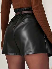 Women's Casual Commuter Pleated Front Pleated Design Shorts Skirt With Belt, Black PU Leather Pleated Zipper Skirt, Short Faux Leather Skort With Belt, Suitable For All Seasons Summer - Black - View 4