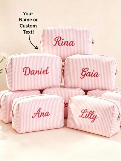 Customized Text & Striped Travel Toiletry Bag - Personalized Zipper Cosmetic Organizer Pouch, Portable Polyester Storage Box, Suitable For Travel, School, Dorm Or Home - Perfect Gift For Mom And Wife, School Essential Organizer, Waffle Material + Exclusive Name Embroidery, Christmas, Valentine's Day Gift, Makeup Brush Holder, Makeup Mirror Makeup Brush Lipstick Organizer, Portable For Business Trip And Travel. Suitable For Storing Cosmetics, Stationery, Car Accessories Christmas Beauty Accessories ,Travel Organizer