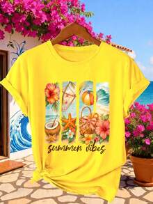 Áo thun ngắn tay nữ dòng "Summer Vibes" họa tiết nhiệt đới, phong cách mùa hè, cổ tròn, thời trang thường ngày, phù hợp đi làm, phong cách vintage, thích hợp mặc mùa thu đông. Áo thun ngắn tay nữ casual, tươi trẻ, dễ thương, thanh lịch, phong cách thể thao, cổ tròn, thích hợp đi nghỉ mát. - Màu vàng - Xem 4