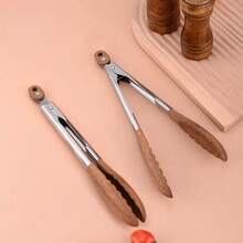 1件 9"/12" 木製廚房烹飪工具，食物夾，麵包夾，木柄烹飪器具，不鏽鋼材質，防滑設計，胡桃木柄沙拉夾，燒烤夾 - A - 查看 8