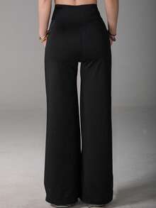 Pantalones deportivos de cintura alta minimalistas para mujer, con piernas anchas, para fitness y running. Leggings casuales cómodos, de gran elasticidad y acampanados, ideales para yoga y uso diario. Color: Negro - Negro 2 - Ver 5