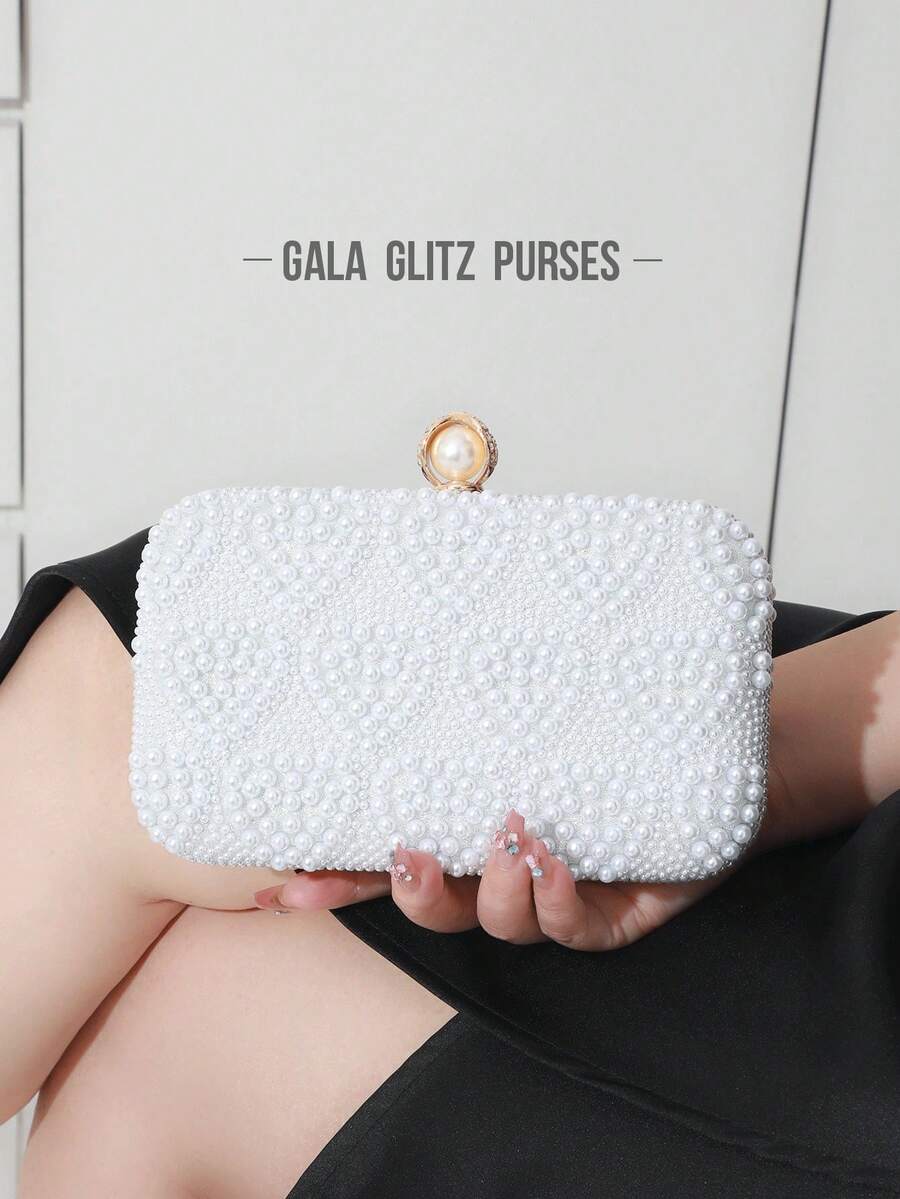 Túi cầm tay hộp cứng hai mặt đính ngọc trai, túi xách dự tiệc hộp cứng đính ngọc trai sang trọng, túi xách nữ cao cấp thanh lịch đa năng, túi đựng son môi và nước hoa thời trang, túi xách dự tiệc cưới đính ngọc trai tinh tế, phù hợp cho các quý cô thượng lưu tham dự các bữa tiệc, dạ hội, họp mặt và tiệc chiêu đãi (vừa với điện thoại 6.5 inch) - trắng - Xem 1