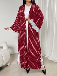 Áo Abaya nữ in họa tiết chấm bi phối ren - Màu Đỏ Sâu - Xem 4