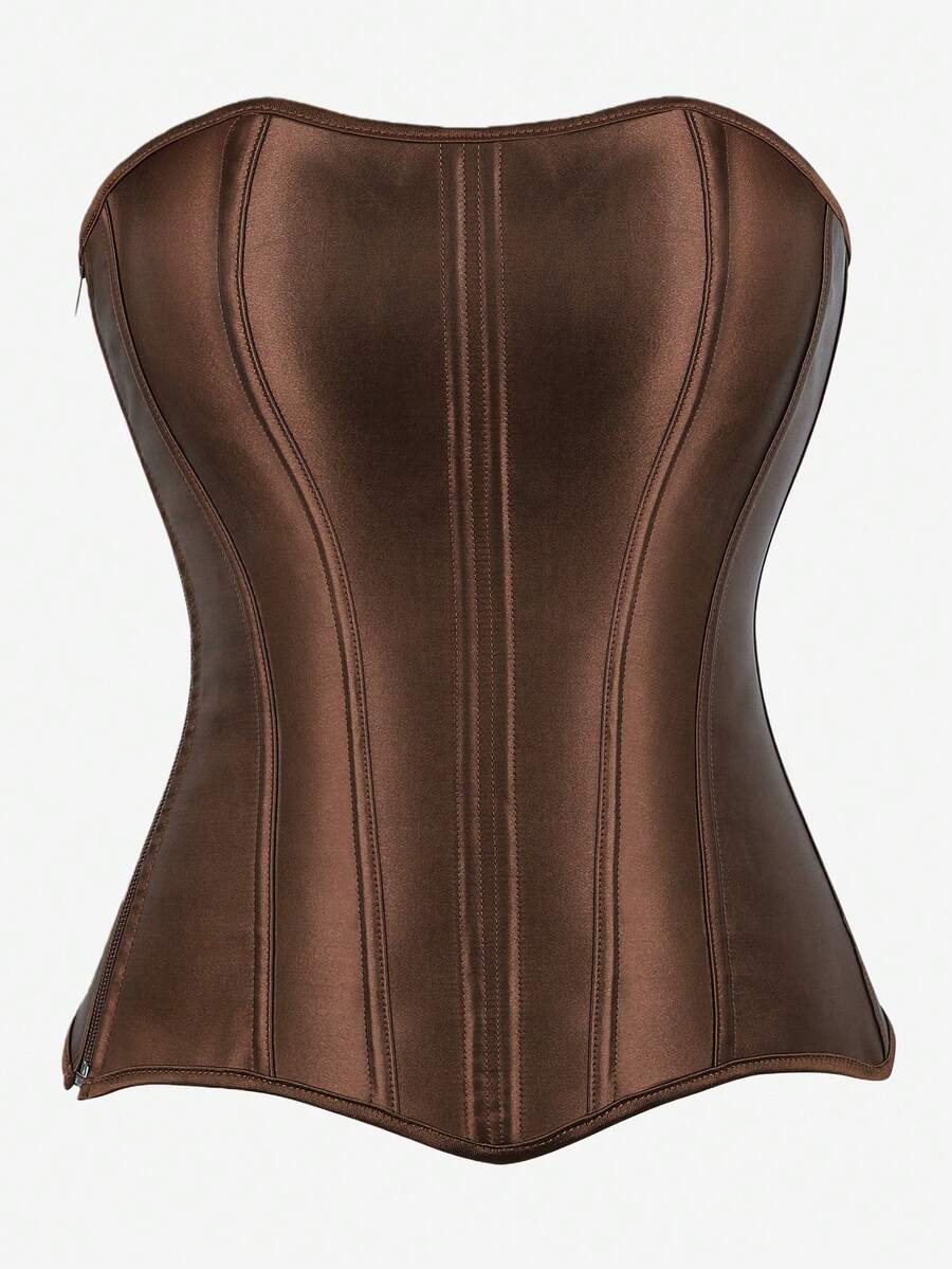 Áo corset cúp ngực, áo định hình không dây với 11 gọng định hình eo, khóa kéo bên hông, phù hợp cho biểu diễn sân khấu, dáng ôm sát. - màu nâu - Xem 1