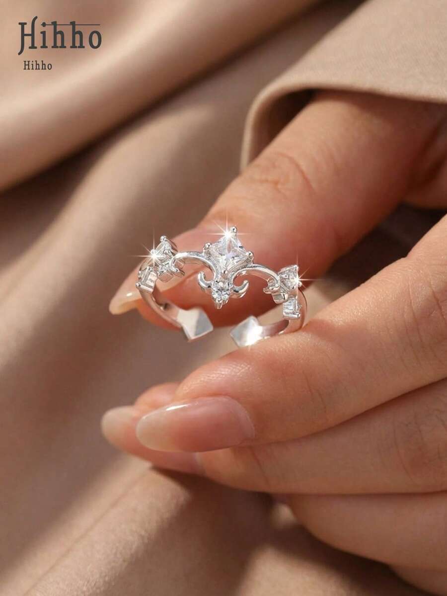 Hihho 1 pieza Anillo abierto con circonita en forma de corona, anillo abierto ajustable con corona de princesa llena de diamantes, modificación elegante de la forma de la mano, adecuado para uso diario, citas, fiestas, vacaciones, bodas y otras ocasiones - anillo - Ver 1