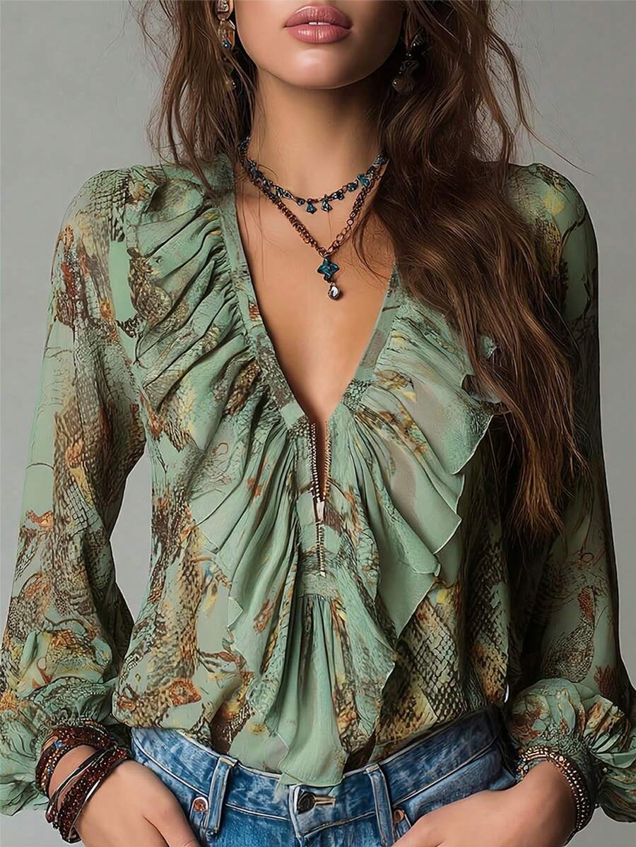 Áo kiểu nữ mùa hè thanh lịch, chất liệu chiffon in họa tiết toàn thân, cổ chữ V sâu, khóa kéo, tay bồng, phong cách nghỉ dưỡng Pháp cổ điển. - Xanh lá xô thơm - Xem 1
