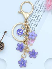 1个紫色花朵珐琅油滴钥匙扣，A-Z字母花瓣钥匙圈礼品吊坠 - 淡紫色 - 查看 30