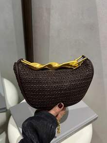 法式复古扭绳手柄草编新月包，2025夏季新款编织腋下包，小众设计单肩斜挎包 - 黑色 - 查看 4