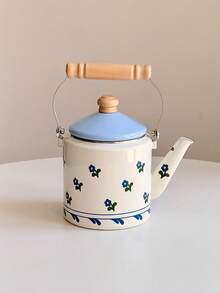 Style nordique Ins Motif floral de lavande fraîche, s'assortit facilement à différents styles de décoration. Ensemble de café et de thé en émail de haute qualité, avec poignée en bois au design anti-brûlure, prise en main confortable et plus sûre. Matériau en émail épaissi résistant à haute température, convient pour la flamme ouverte et la plaque à induction - Bleu et Blanc - Voir 7