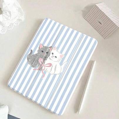 1个淡蓝色和白色条纹水彩猫透明三折平板保护套，三折多角度支架带笔槽，防弯折防摔，适用于iPad 10代/Air4/5/Pro 11英寸/9/8/7代，治愈系猫咪平板电脑保护套