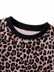 1pc Fashionable Young Girl Leopard Print Round Neck Short Sleeve T-Shirt - Purple - View 3